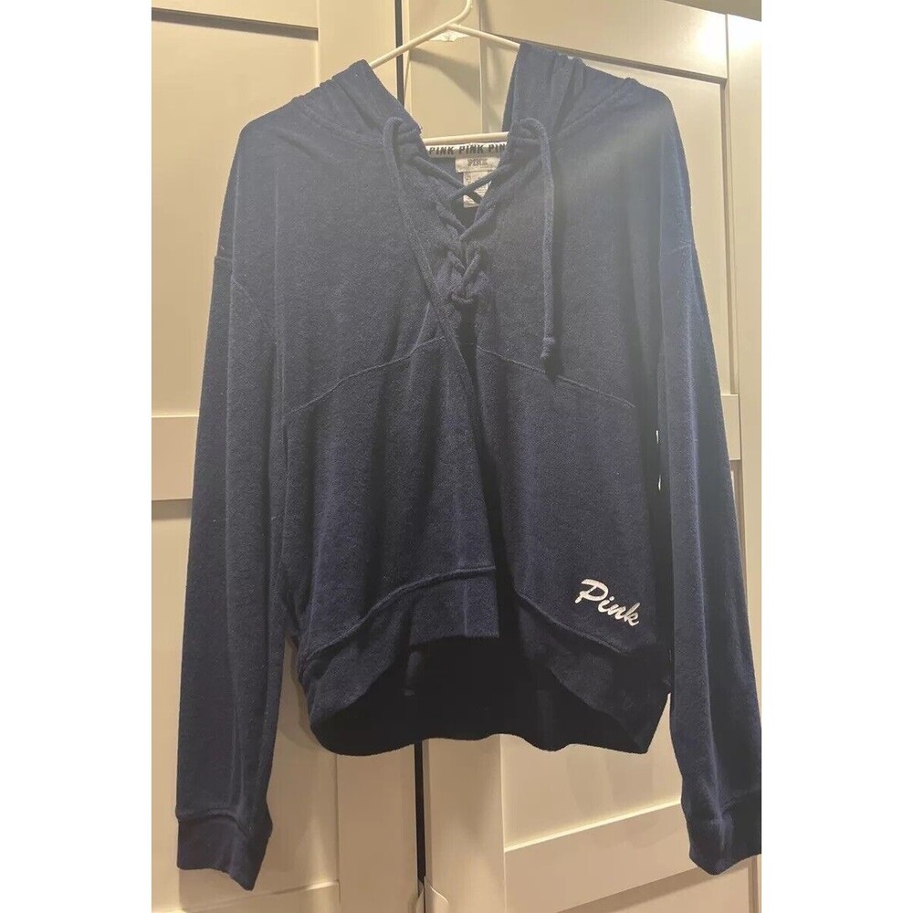 Pink Victorias Secret Terrycloth Hoodie Pullover Women’s Medium Blue